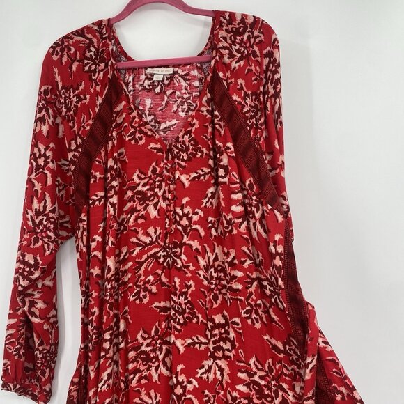 Knox Rose Size XL Red Floral Peasant Prairie Boho Maxi Dress V-Neck Belted - Picture 10 of 13